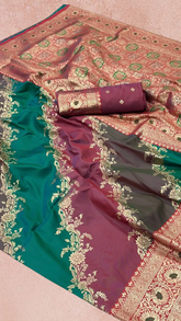 Magenta & Green Rangkat Zari Weaved Banarasi Silk Saree